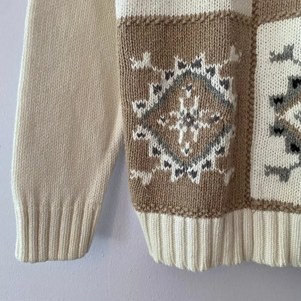 Vintage Russ Sport Grannycore White Brown Knit Chunky Crewneck Sweater Medium